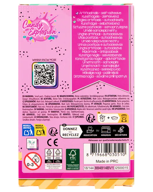 Æske med Candy Explosion selvklæbende kunstige negle. Lyserød emballage med flersprogede instruktioner, genbrugssymboler, QR-kode og advarsler. Egnet til børn fra 3 år. Fremstillet i PRC.