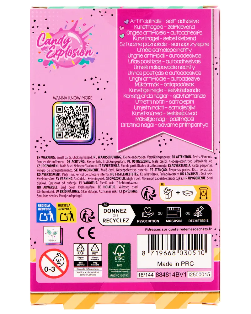 Æske med Candy Explosion selvklæbende kunstige negle. Lyserød emballage med flersprogede instruktioner, genbrugssymboler, QR-kode og advarsler. Egnet til børn fra 3 år. Fremstillet i PRC.