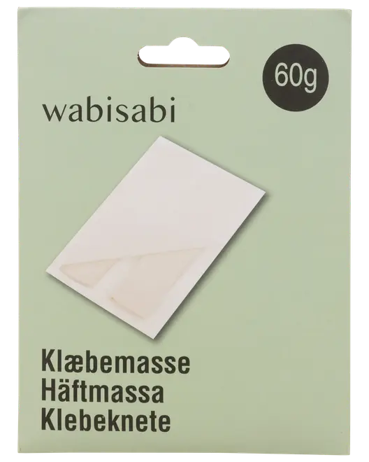 Wabisabi häftmassa, 60g. Mjuk, återanvändbar vit massa för att fästa affischer, foton eller lätta föremål. Förpackad i platt, rektangulärt kartongfodral.