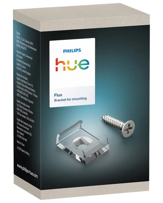 Philips Hue Flux monteringsbeslagssæt indeholder en metalbeslag og skrue, designet til sikker installation af Hue-belysningsprodukter. Leveres i en mærket æske med produktinformation.