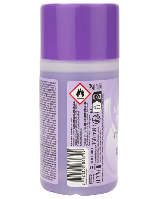 150 ml flaske med neglelakfjerner, lilla låg, sikkerheds- og genbrugssymboler, stregkode og brandfare-advarsel på bagsiden. Tekst med instruktioner og ingredienser vises.
