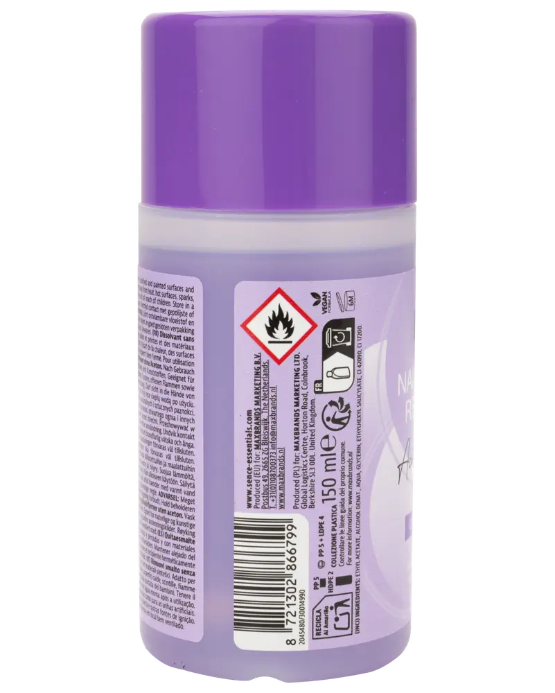 150 ml flaske med neglelakfjerner, lilla låg, sikkerheds- og genbrugssymboler, stregkode og brandfare-advarsel på bagsiden. Tekst med instruktioner og ingredienser vises.