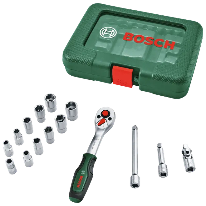Bosch topnøglesæt med grøn hård kasse, skraldenøgle, flere kromtoppe, forlængerstænger og led. Holdbart, kompakt og velegnet til mekaniske opgaver.