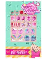 Sæt med 24 selvklæbende kunstige negle til børn, med farverige slik-inspirerede designs som regnbuer, spiraler, cupcakes og striber. Velegnet til børn fra 6 år.