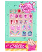 Set med 24 självhäftande konstgjorda naglar för barn, med färgglada godisinspirerade motiv som regnbågar, spiraler, cupcakes och ränder. Passar från 6 år.