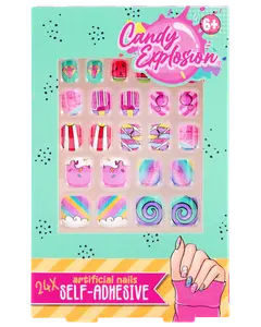 Sæt med 24 selvklæbende kunstige negle til børn, med farverige slik-inspirerede designs som regnbuer, spiraler, cupcakes og striber. Velegnet til børn fra 6 år.