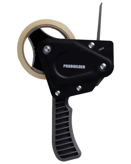 Probuilder tapedispenser med ergonomisk sort håndtag, metalbolte og en rulle malertape. Designet til nem påføring og afskæring af tape, ideel til pakning og forsegling.