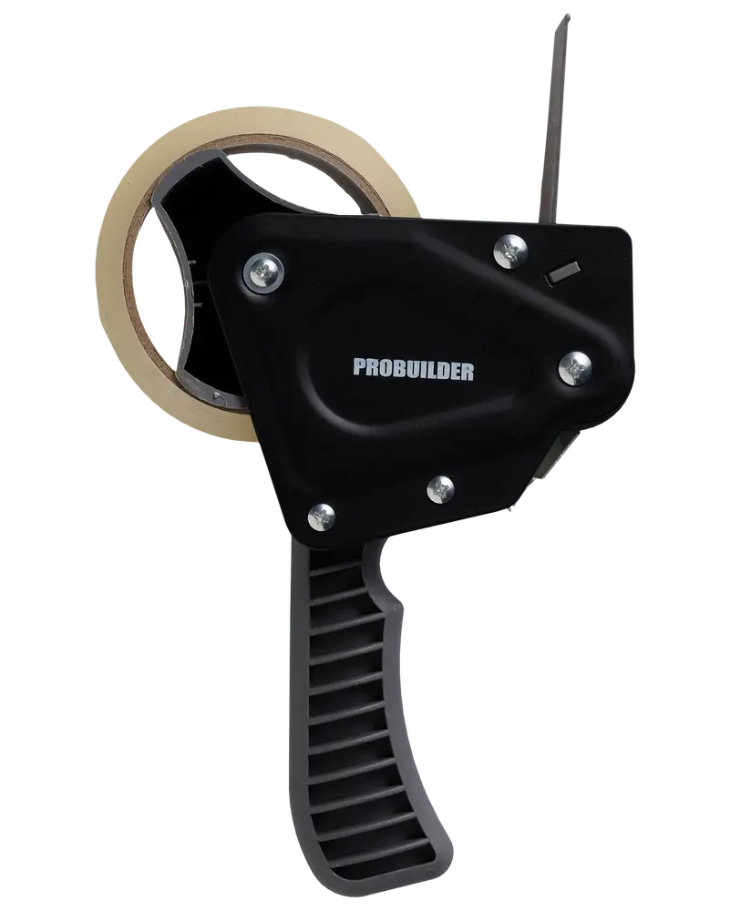 Probuilder tejphållare med ergonomiskt svart handtag, metallskruvar och en rulle maskeringstejp. Utformad för enkel tejpning och kapning, perfekt för förpackning och förslutning.