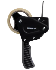 Probuilder tejphållare med ergonomiskt svart handtag, metallskruvar och en rulle maskeringstejp. Utformad för enkel tejpning och kapning, perfekt för förpackning och förslutning.