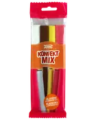 Tom's Konfekt Mix klassisk lakridskonfekt i klar pink og orange pose med fire farvede, stangformede stykker.
