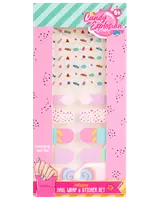 Farverigt neglewrap- og klistermærkesæt med sliktema, herunder slikkepinde, slik og drys. Velegnet til børn fra 6 år. Inkluderer neglefil til nem påføring.