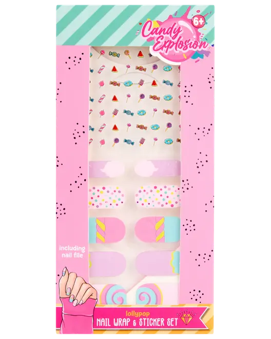 Farverigt neglewrap- og klistermærkesæt med sliktema, herunder slikkepinde, slik og drys. Velegnet til børn fra 6 år. Inkluderer neglefil til nem påføring.