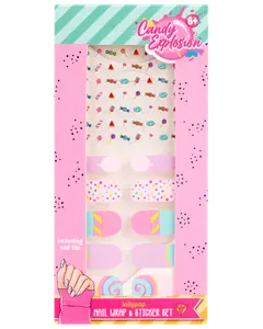 Farverigt neglewrap- og klistermærkesæt med sliktema, herunder slikkepinde, slik og drys. Velegnet til børn fra 6 år. Inkluderer neglefil til nem påføring.