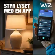 Lampe og smartphone med WiZ-app, der viser styring af lys i hjemmet.