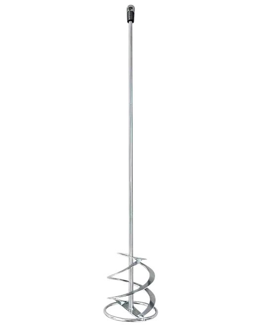 Metallfärgblandare med långt skaft och spiralblad, avsedd för användning med borrmaskin för effektiv blandning av färg, puts eller liknande material.