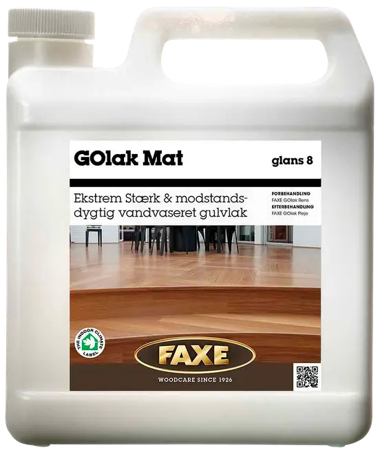 Plastdunk med Faxe GOlak Mat, vandbaseret, ekstremt stærk og modstandsdygtig mat gulvlak, glans 8, til trægulve. Med indeklimamærke og 2,5L størrelse.