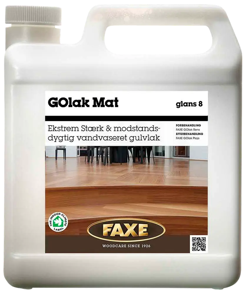 Plastdunk med Faxe GOlak Mat, vandbaseret, ekstremt stærk og modstandsdygtig mat gulvlak, glans 8, til trægulve. Med indeklimamærke og 2,5L størrelse.