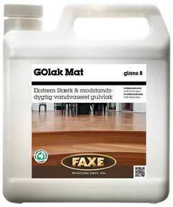 Plastdunk med Faxe GOlak Mat, vandbaseret, ekstremt stærk og modstandsdygtig mat gulvlak, glans 8, til trægulve. Med indeklimamærke og 2,5L størrelse.