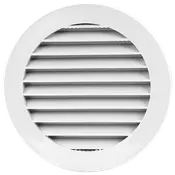 Rundt hvidt plast ventilationsdæksel med horisontale lameller, velegnet til væg- eller loftmontering. Moderne og enkel stil til effektiv luftcirkulation.