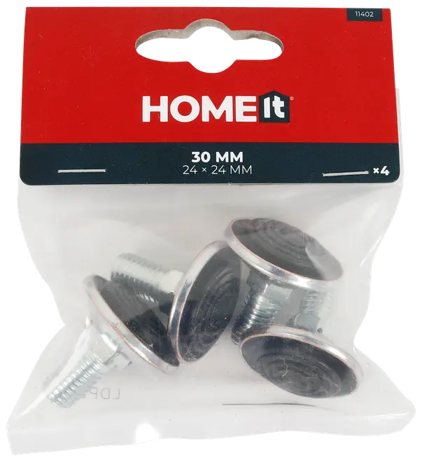 Pakke med fire 30 mm møbelglidere i metal med sorte filtdupper. Beskytter gulve og monteres nemt på møbelben med gevindskruer.