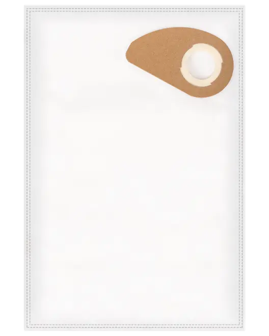 Rektangulär vit dammsugarpåse med brun pappkrage och rund plastöppning för montering, avsedd för dammuppsamling i kompatibla dammsugarmodeller.