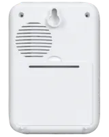 Hvid plastbagside med højttalergitter, vægmonteringshul, to skruehuller og batteridæksel. Velegnet til elektroniske produkter som alarmer eller sensorer.