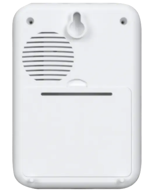 Hvid plastbagside med højttalergitter, vægmonteringshul, to skruehuller og batteridæksel. Velegnet til elektroniske produkter som alarmer eller sensorer.