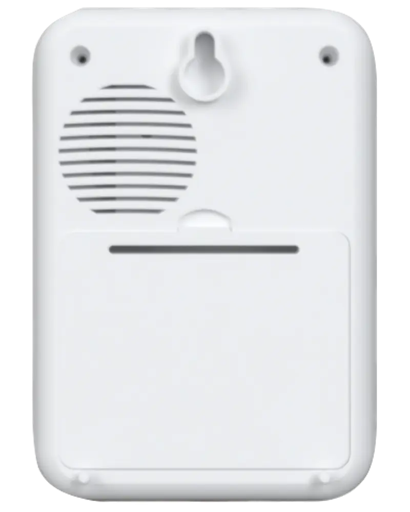 Hvid plastbagside med højttalergitter, vægmonteringshul, to skruehuller og batteridæksel. Velegnet til elektroniske produkter som alarmer eller sensorer.