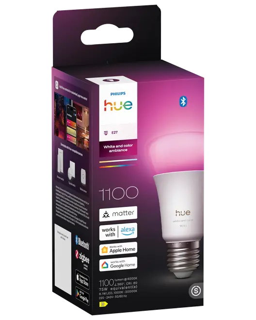 Philips Hue E27 smart LED-pære, hvid og farve ambiance, 1100 lumen, Bluetooth og Zigbee kompatibel, understøtter Alexa, Apple Home, Google Home og Matter integration.