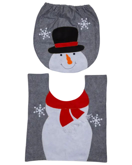 Tvådelat toalettsitsöverdrag med snögubbedesign, svart hatt, röd halsduk och snöflingor på grå bakgrund. Festlig juldekoration för badrummet.