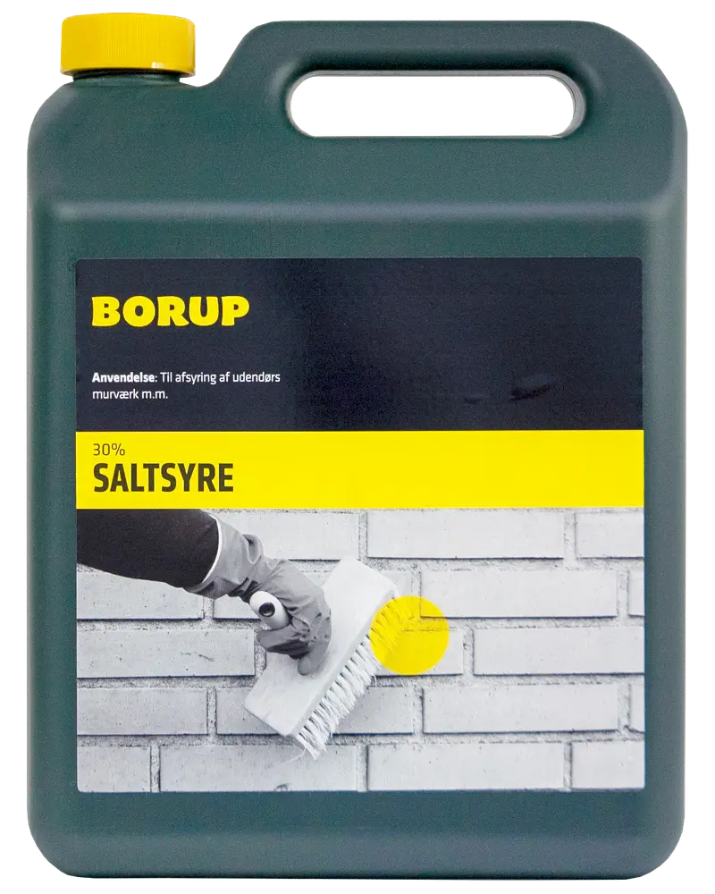 Grøn plastdunk med gult låg, mærket 'Borup 30% Saltsyre' til udendørs murværksrensning. Har bærehåndtag og billede af murstensrengøring med børste.