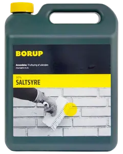 Grøn plastdunk med gult låg, mærket 'Borup 30% Saltsyre' til udendørs murværksrensning. Har bærehåndtag og billede af murstensrengøring med børste.