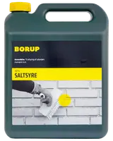Borup 30% saltsyre i sort plastflaske med gul låg, anvendes til rengøring af murværk. Etiketten viser brugsanvisning og billede af rengøring af mursten med børste.