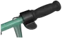 Nærbillede af sort, tekstureret styrgreb med tommelfinger-gashåndtag på grøn metalstang. Ergonomisk design, velegnet til løbehjul eller el-cykler for komfortabelt greb.
