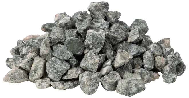 Bunke af grå granitsten, ujævne former, velegnet til haveanlæg, indkørsler eller stier. Stenene varierer i størrelse og tekstur, og giver et naturligt, holdbart dække.