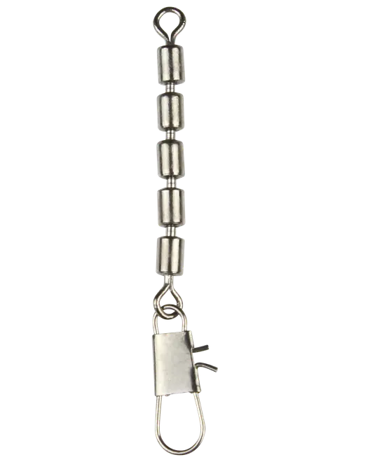 Metallfiskesvirvel med fem tunnsektioner och snäpplås, förhindrar lintrassel och möjliggör snabba byten av bete eller tafs.