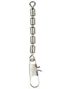 Metalfiskesvirvel med fem tøndedele og snaplås i enden, designet til at forhindre linjetvist og muliggøre hurtige skift af agn eller forfang.