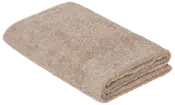 Sammenfoldet beige frottéhåndklæde med blød tekstur og pænt lagte kanter.