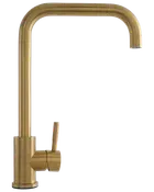 Modern köksblandare i borstad guld, med hög fyrkantig pip och ettgreppsreglage för enkel vatten- och temperaturkontroll. Snygg, samtida design för stilrena kök.