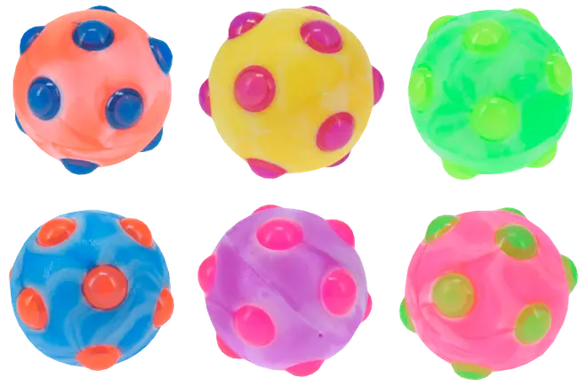 Sæt med seks farverige sansestimulerende bolde med hævede dupper, vist i pink, gul, grøn, blå, lilla og pink.