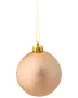 Rund juleornament med mat, rosaguld overflade og blankt guldlåg med ophængssnor. Elegant og festlig dekoration til juletræet eller sæsonens udsmykning.