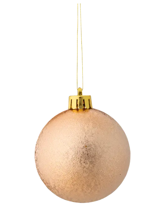 Rund juleornament med mat, rosaguld overflade og blankt guldlåg med ophængssnor. Elegant og festlig dekoration til juletræet eller sæsonens udsmykning.