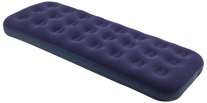 Enkel uppblåsbar luftmadrass i mörkblått med mjuk, sammetsliknande yta och fördjupade luftfickor. Lätt och portabel, passar för camping eller gäster.