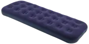 Enkel uppblåsbar luftmadrass i mörkblått med mjuk, sammetsliknande yta och fördjupade luftfickor. Lätt och portabel, passar för camping eller gäster.