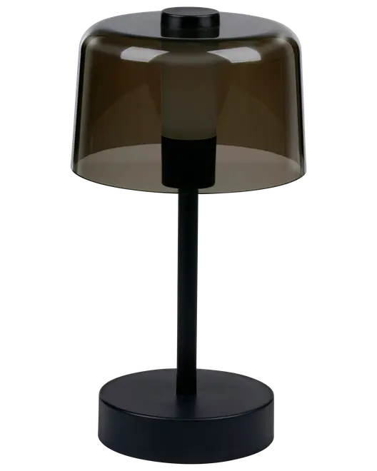 Moderne bordlampe med rund sort fod, slank sort stang og bred, røgfarvet glasskærm. Minimalistisk design, der passer til moderne indretning. Strømafbryder på stangen.