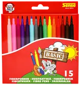 Rød Sense Basic æske med 15 assorterede fiberpenne i flere klare farver, med ophængshul og tegneserieillustration.