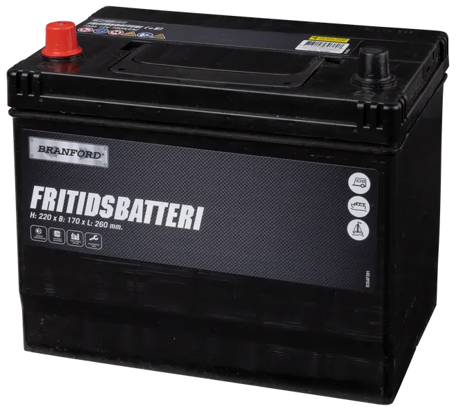 Branford fritidsbatteri, sort rektangulært design, mærket 'FRITIDSBATTERI', mål 220x170x260 mm, egnet til køretøjer, både og campingvogne, med røde og sorte polkapsler.