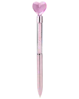 A pen with a metallic pink lower barrel, a transparent upper section filled with small pink crystals, and a large faceted pink heart-shaped gem on top. The pen has a shiny silver accent separating the sections, giving it a decorative and elegant appearance.