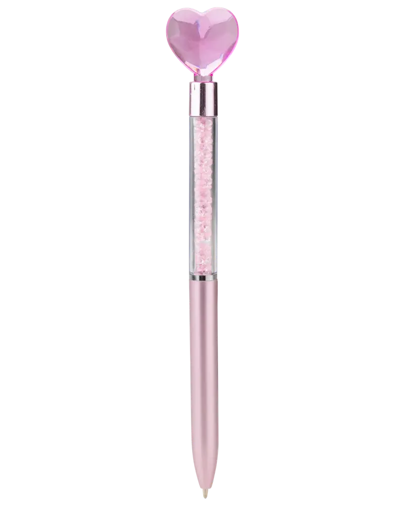 A pen with a metallic pink lower barrel, a transparent upper section filled with small pink crystals, and a large faceted pink heart-shaped gem on top. The pen has a shiny silver accent separating the sections, giving it a decorative and elegant appearance.