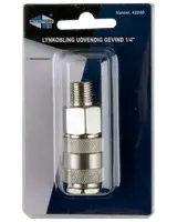 Metalkobling med 1/4" udvendigt gevind, sølvfarvet, riflet greb for nem håndtering, pakket i klar plastblister på blå baggrund. Velegnet til luftværktøj og kompressorer.